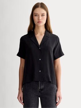 Everlane Notch Shirt Short Sleeve Button Down, 100% Silk, Black, size 8